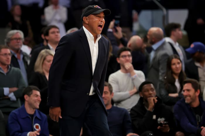 May 2, 2023; New York, New York, USA; New York Knicks former player John Starks cheers during the fourth quarter of game two of the 2023 NBA Eastern Conference semifinal playoffs against the Miami Heat at Madison Square Garden.